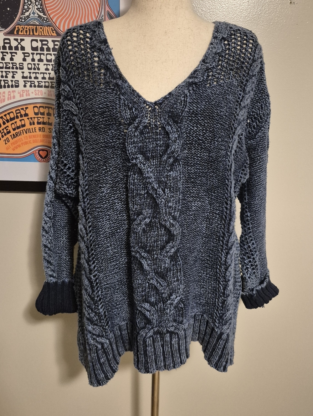 Anthropologie Pilcro Large Oversized V-Neck Cable Knit Women's Sweater - Blue
